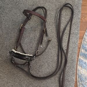 draft Size Brown Leather Horse Bridle with Sheepskin Noseband